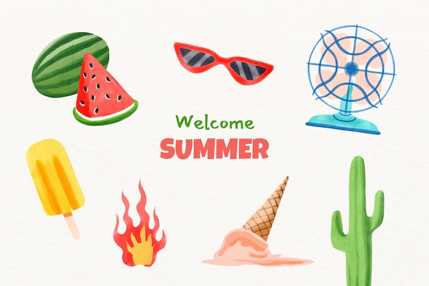 Watercolor summer heat background with elements