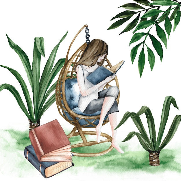 Watercolor summer illustration with woman reading books