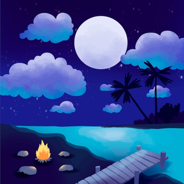 Free Vector watercolor summer night illustration with fire on the beach