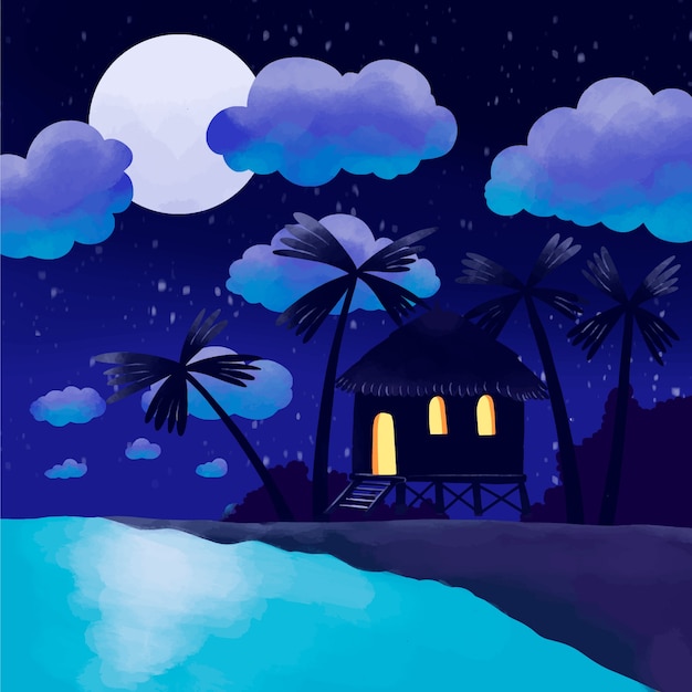 Watercolor summer night illustration with house on the beach