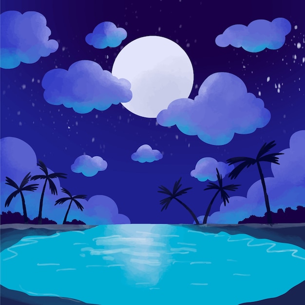 Free vector watercolor summer night illustration with palm trees under the moon