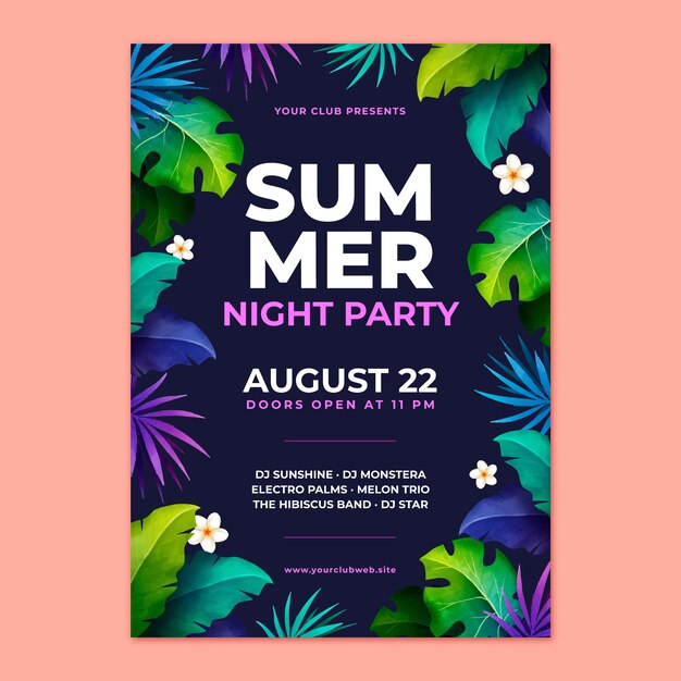 Watercolor summer night party poster template with vegetation