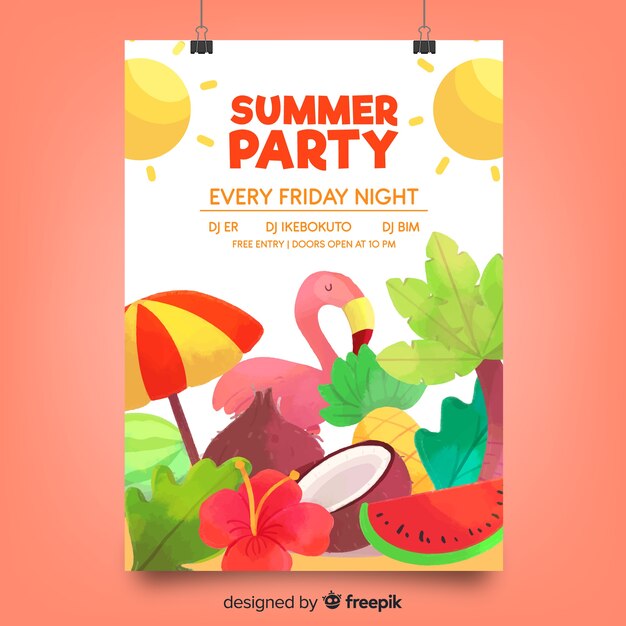 Watercolor summer party poster template