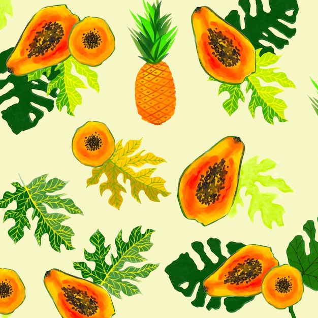 Free Vector watercolor summer pattern with pineapple and guava