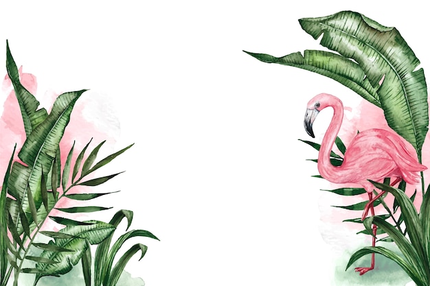 Watercolor summer tropical background with flamingo