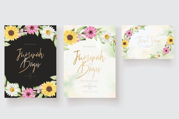 watercolor sun flower and daisy invitation card set