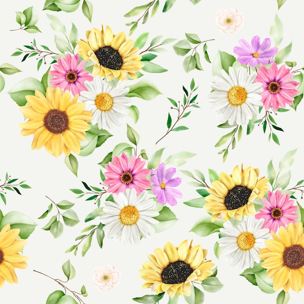 watercolor sun flower and daisy seamless pattern