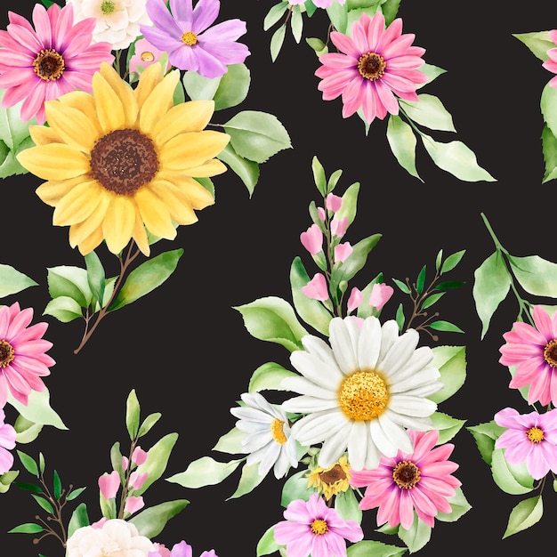 Free Vector watercolor sun flower and daisy seamless pattern