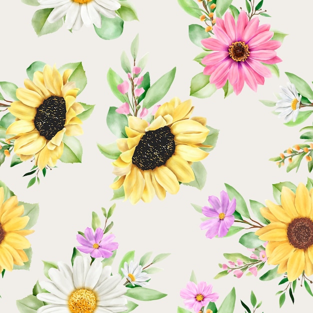 Watercolor sun flower and daisy seamless pattern