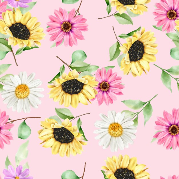 Watercolor sun flower and daisy seamless pattern