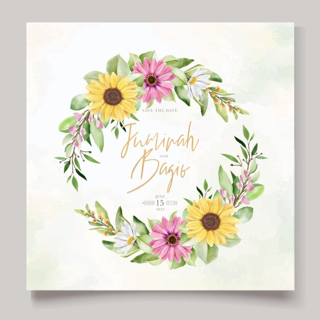 watercolor sun flower and daisy wedding invitation card set