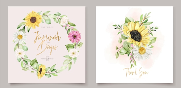 watercolor sun flower and daisy wedding invitation card set