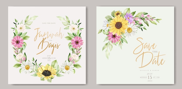 watercolor sun flower and daisy wedding invitation card set