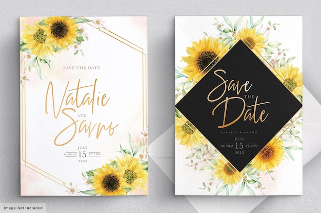 Free Vector watercolor sun flower invitation card set