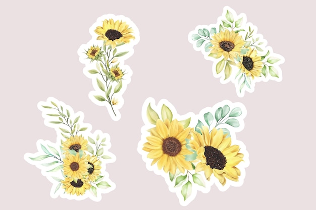 Free Vector watercolor sunflower branches and bouquet illustration