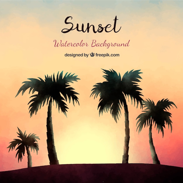 Free Vector watercolor sunset and palm silhouettes background 