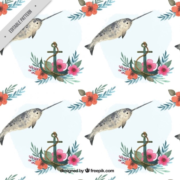 Free vector watercolor swordfish with anchor pattern