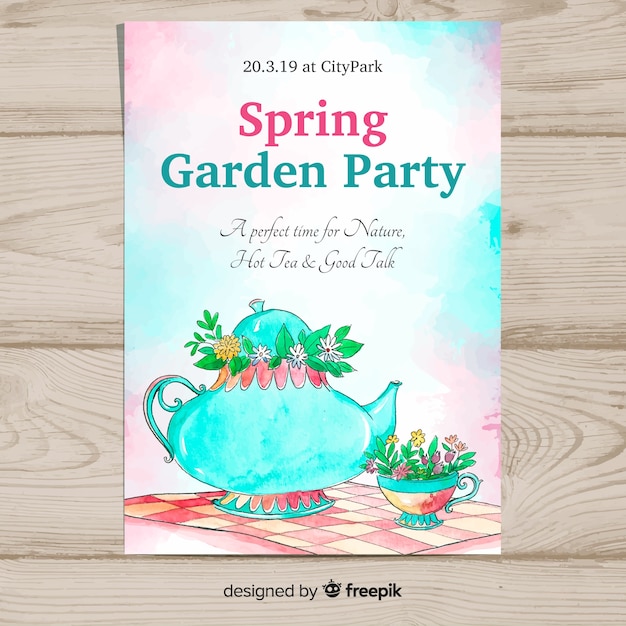 Watercolor teapot spring party poster