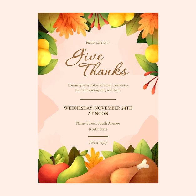 Free vector watercolor thanksgiving invitation template