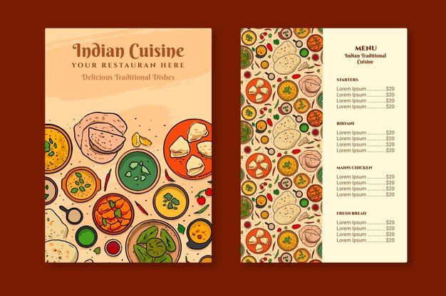 Watercolor traditional indian restaurant menu template