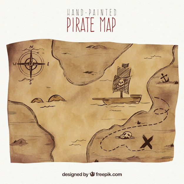 Watercolor treasure map of pirate  adventure