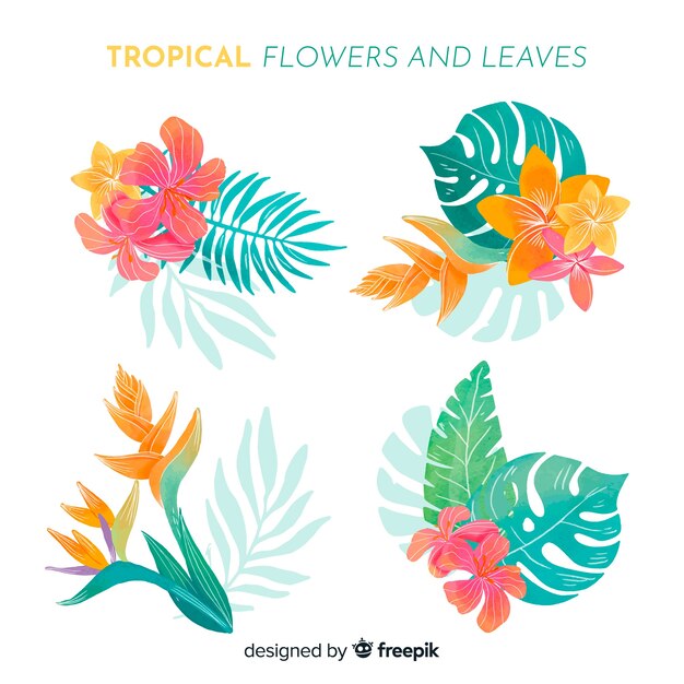 Watercolor tropical flowers and leaves