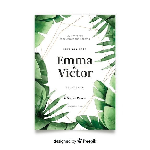 Watercolor tropical leaves wedding invitation template