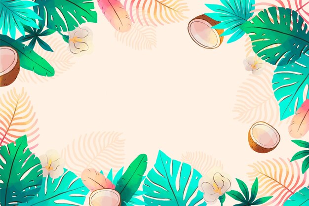 Watercolor tropical summer background with leaves and coconut