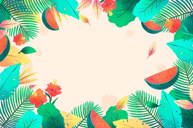 Watercolor tropical summer background with leaves and watermelon