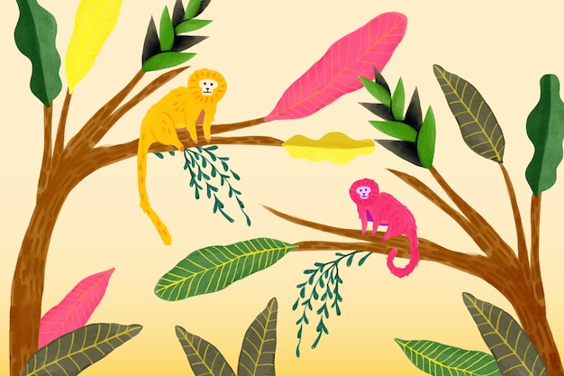 Free Vector watercolor tropical summer background with monkeys