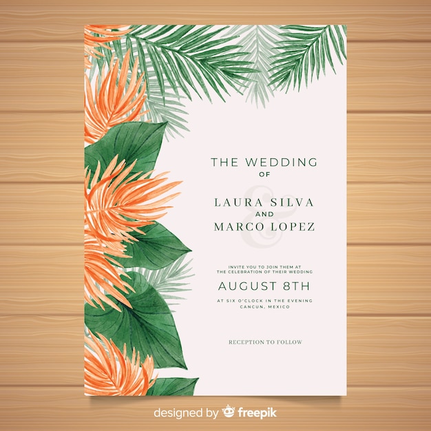 Watercolor tropical wedding invitation template