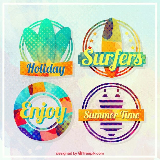 Free Vector watercolor vacations with surf badges