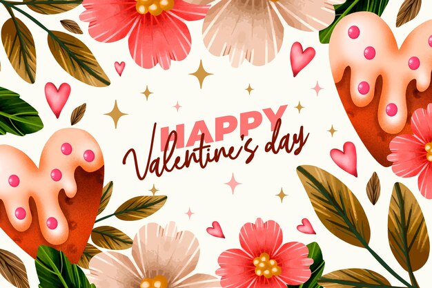 Watercolor valentine's day background with flowers and greeting