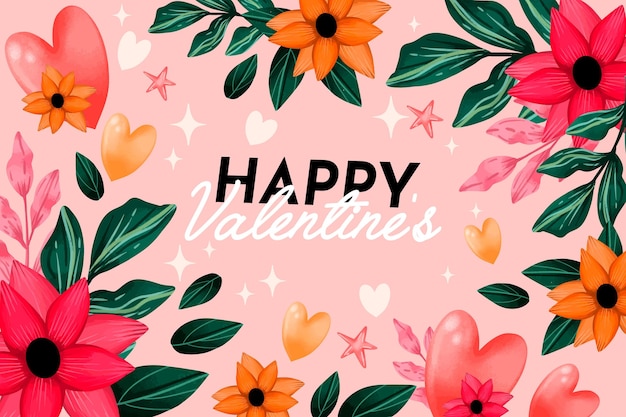 Watercolor valentine's day background with flowers and greeting