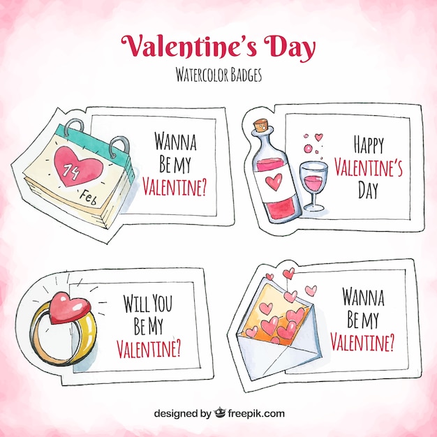 Watercolor valentine's day badge collection