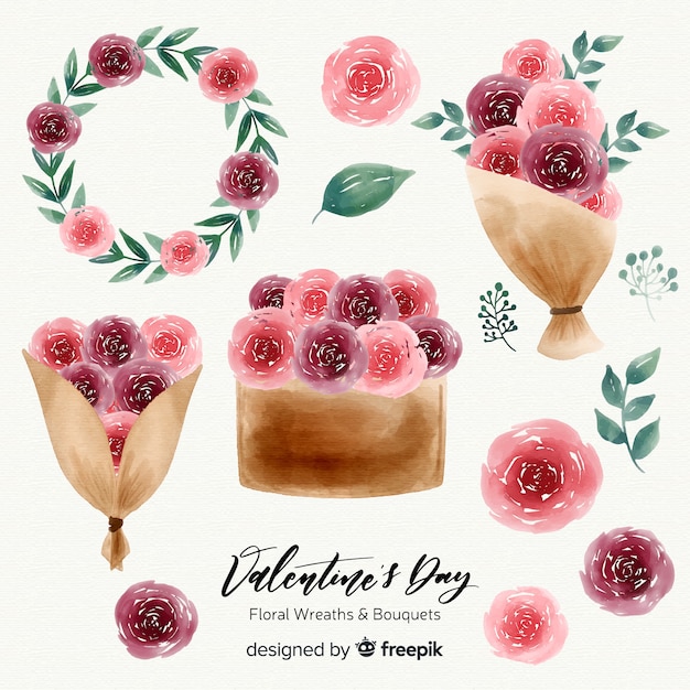 Free Vector watercolor valentine's day floral wreaths & bouquets