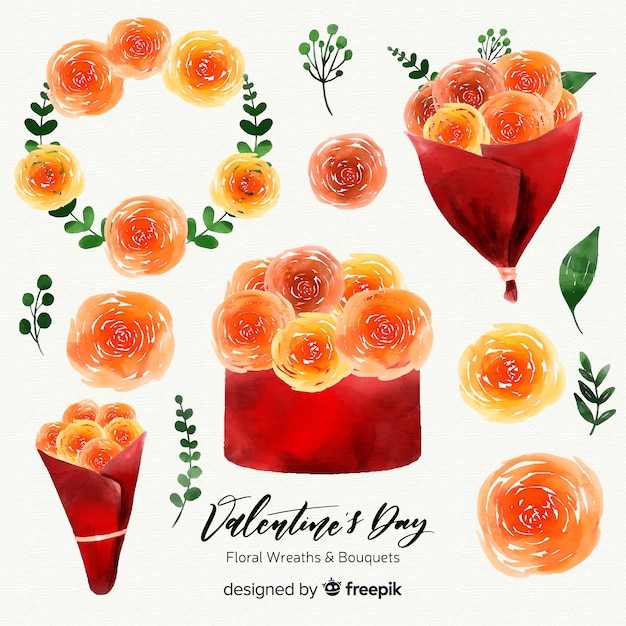 Free Vector watercolor valentine's day floral wreaths & bouquets