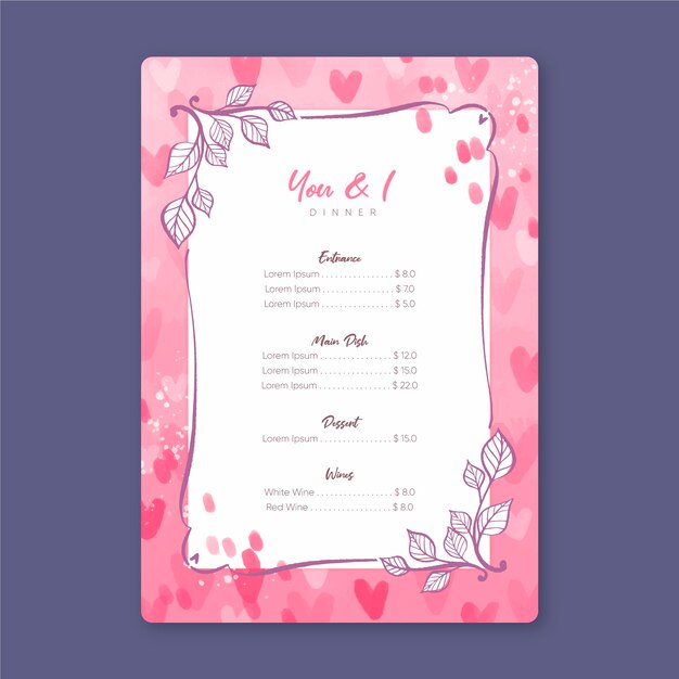 Watercolor valentine's day menu template