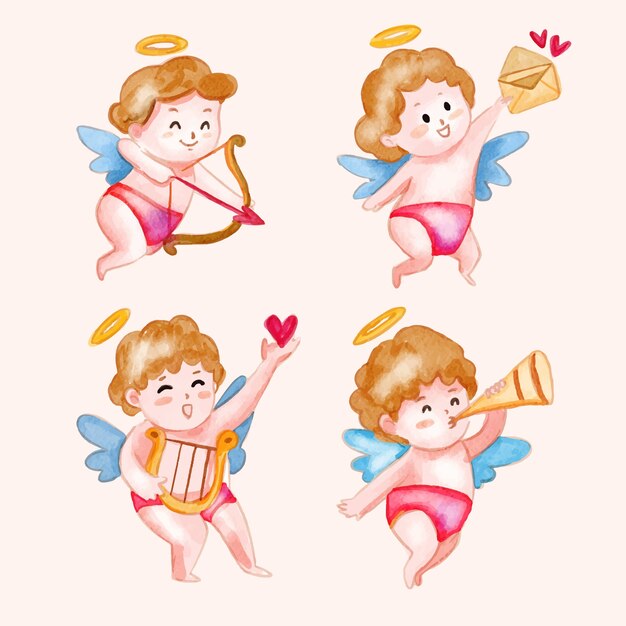 Watercolor valentines day cupid characters collection