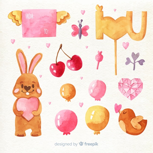 Free vector watercolor valentines day element collection