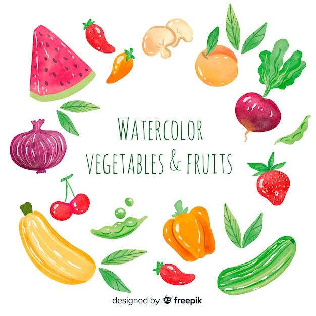 Watercolor vegetables and fruits background