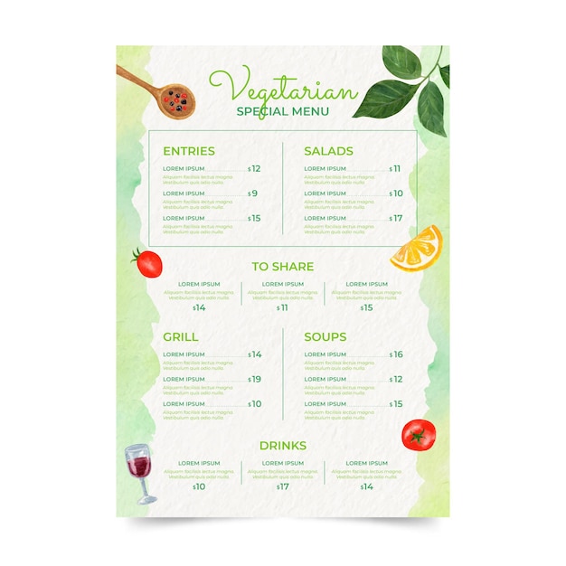 Watercolor vegetarian menu template