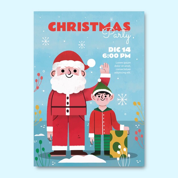 Watercolor vertical poster template for christmas season celebration with santa and elf