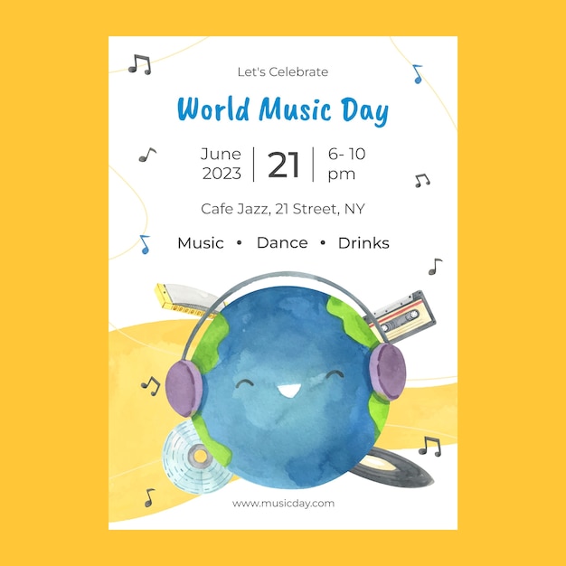 Free Vector watercolor vertical poster template for world music day celebration