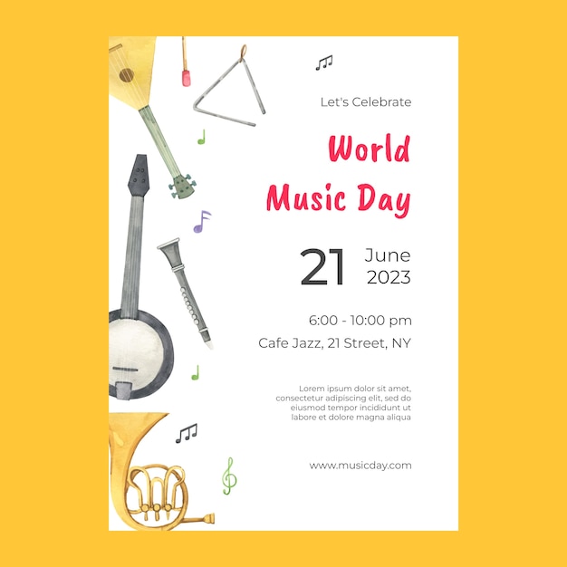 Free Vector watercolor vertical poster template for world music day celebration