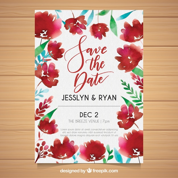 Free Vector watercolor wedding card with cute flowers