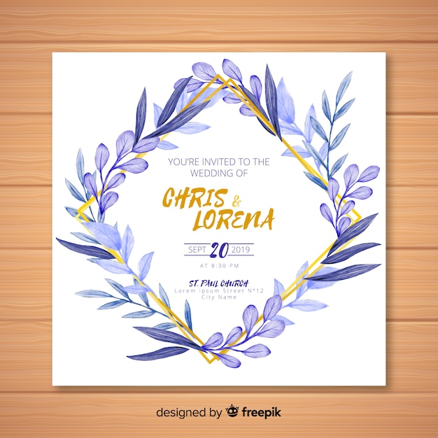 Free Vector watercolor wedding invitation template with golden lines