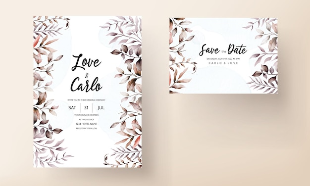 Free vector watercolor wedding invitation with beautiful dusty brown leaves