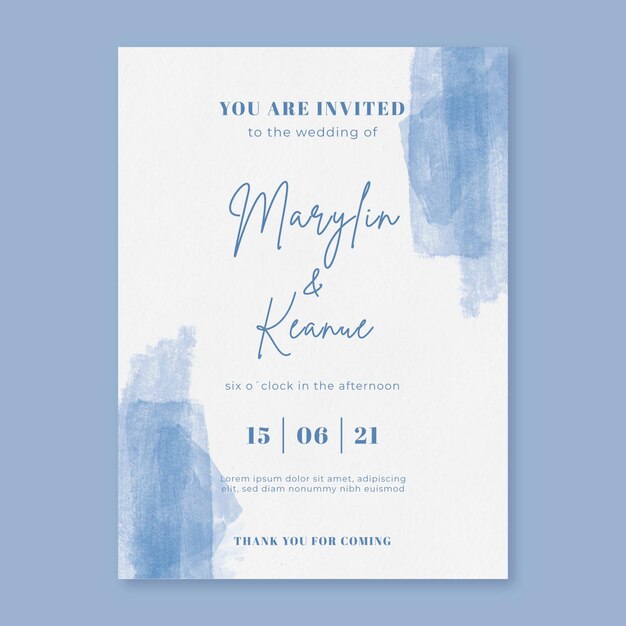 Watercolor wedding invitation with brushstrokes