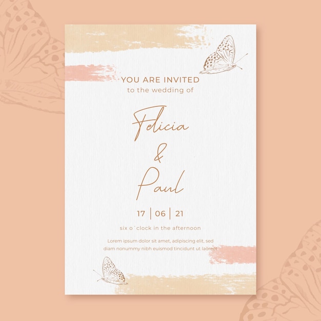 Watercolor wedding invitation with flowers and butterfly